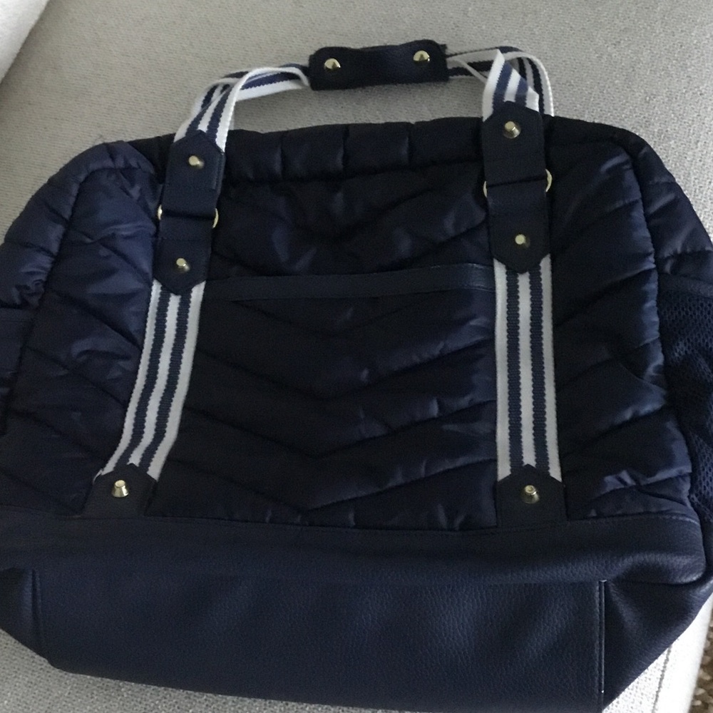 Cynthia Rowley Navy Quilted Tote with Striped Shoulder Straps